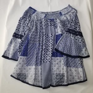 Blouse - Blue and White Off-Shoulder